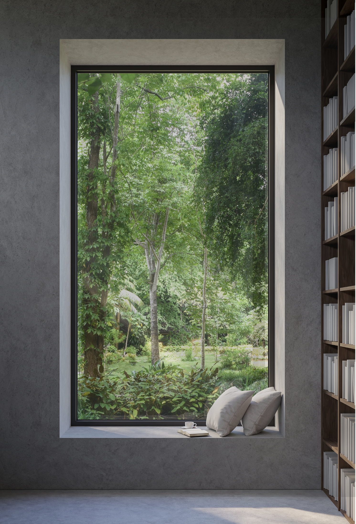 Interior con ventanal a jard&iacute;n con plantas